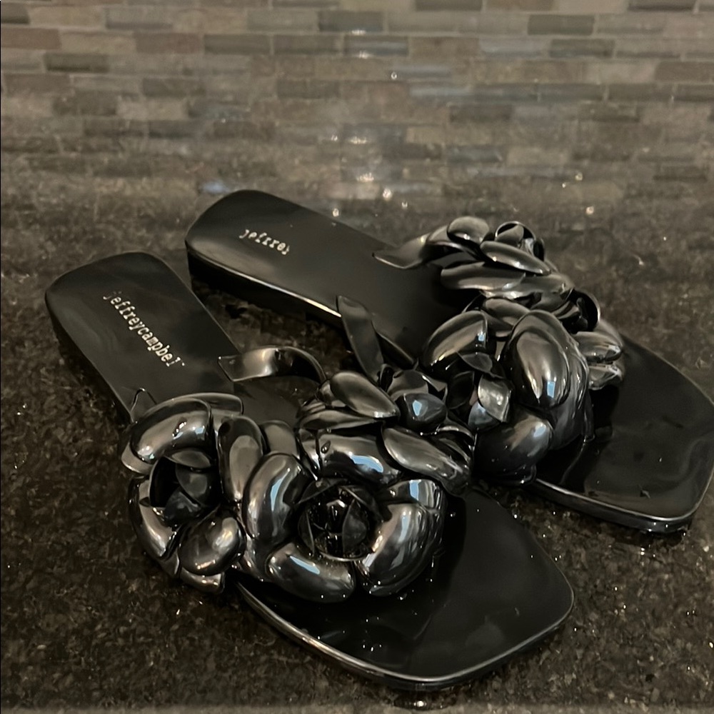 Jeffrey Campbell Glossy Black Floral Sandals size 8